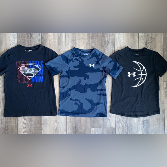Under Armour Other - Under Armour Superman Black Basketball Navy Blue Camo Tee Bundle Lot YSM Boy’s 8